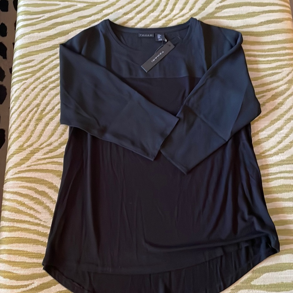 Tahiti mixed media sheer long sleeve and solid round collar top; NWT; medium